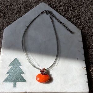 Handmade Orange Pendant Necklace with Silver Multi-Strand Cord